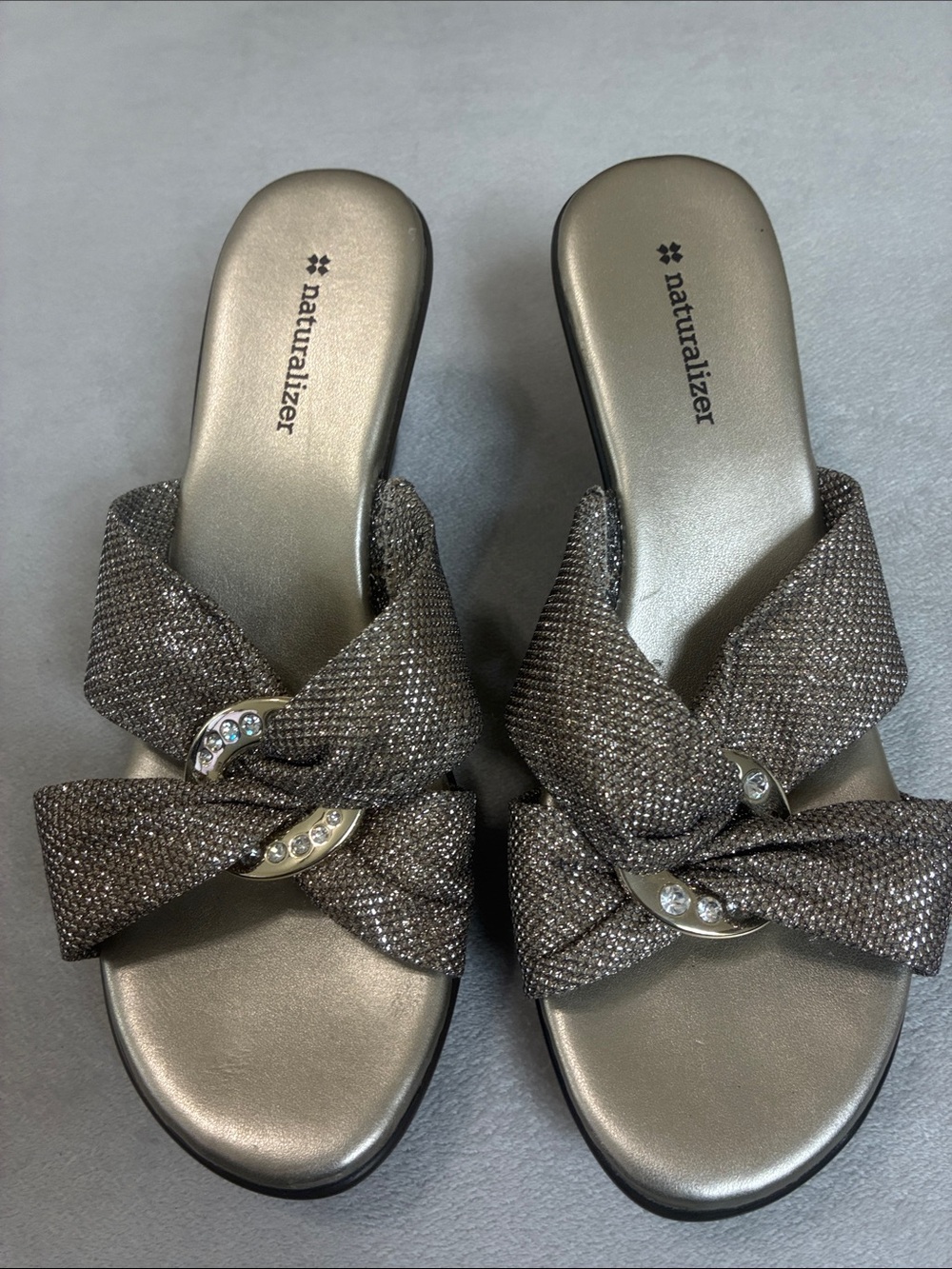 Naturalizer Metallic Taupe Knot Slide Sandals with Rhinestone Accent